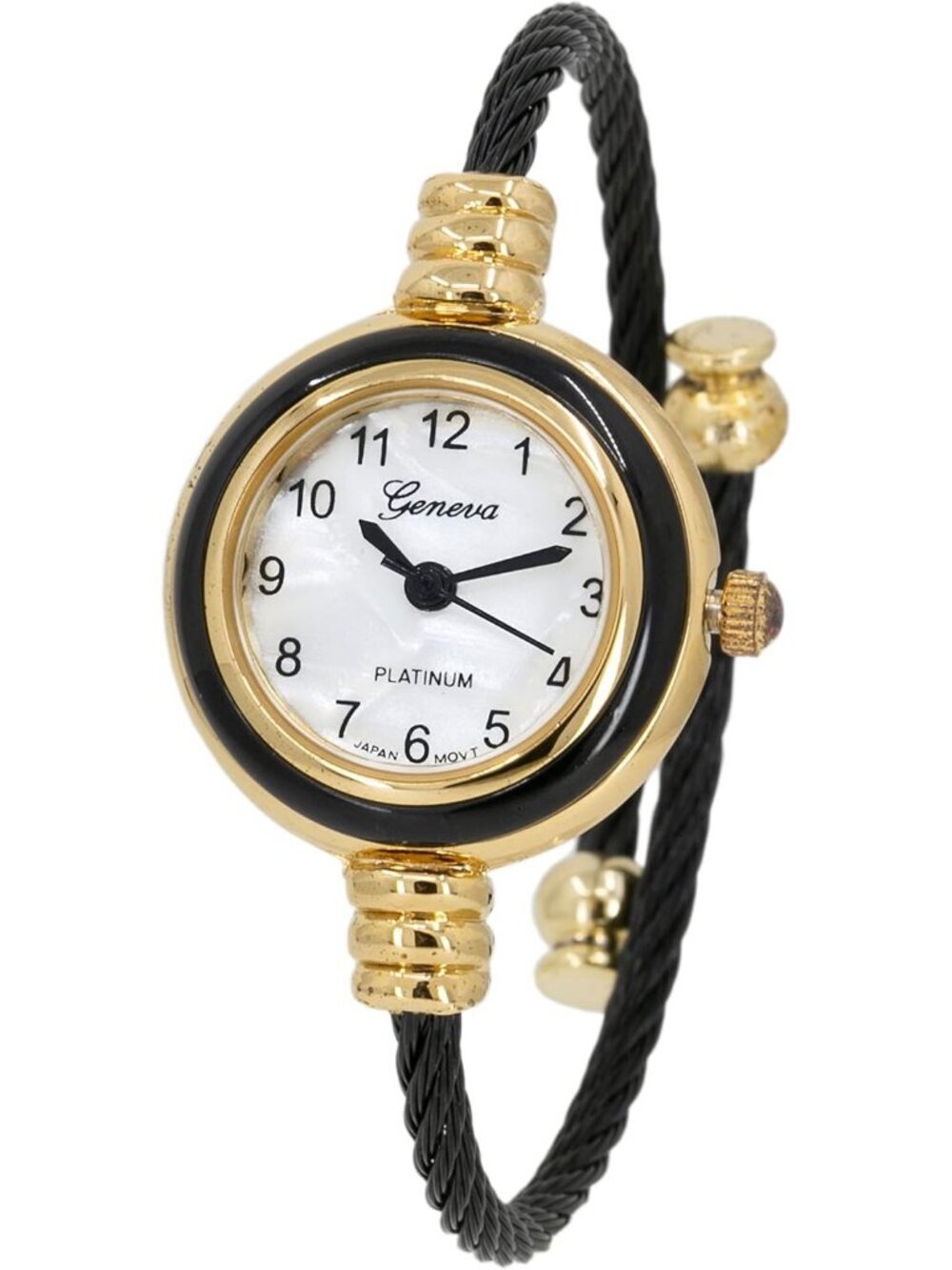 Womens Black Gold Analog Quartz Elegant Cable Cuff Arabic Numbers Bracelet Watch